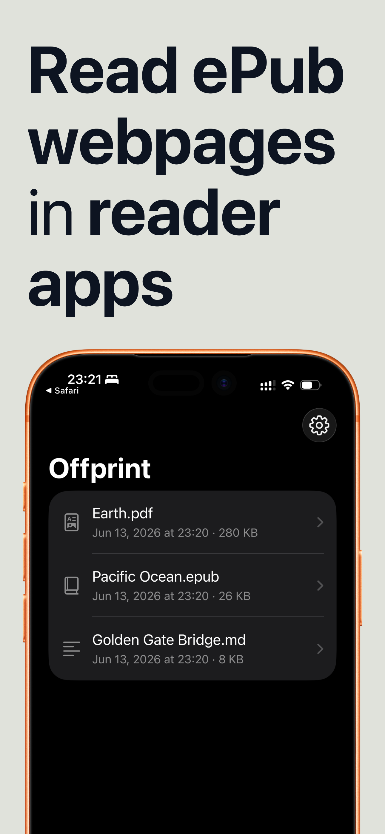 Offprint library listing exported PDF, EPUB and Markdown files