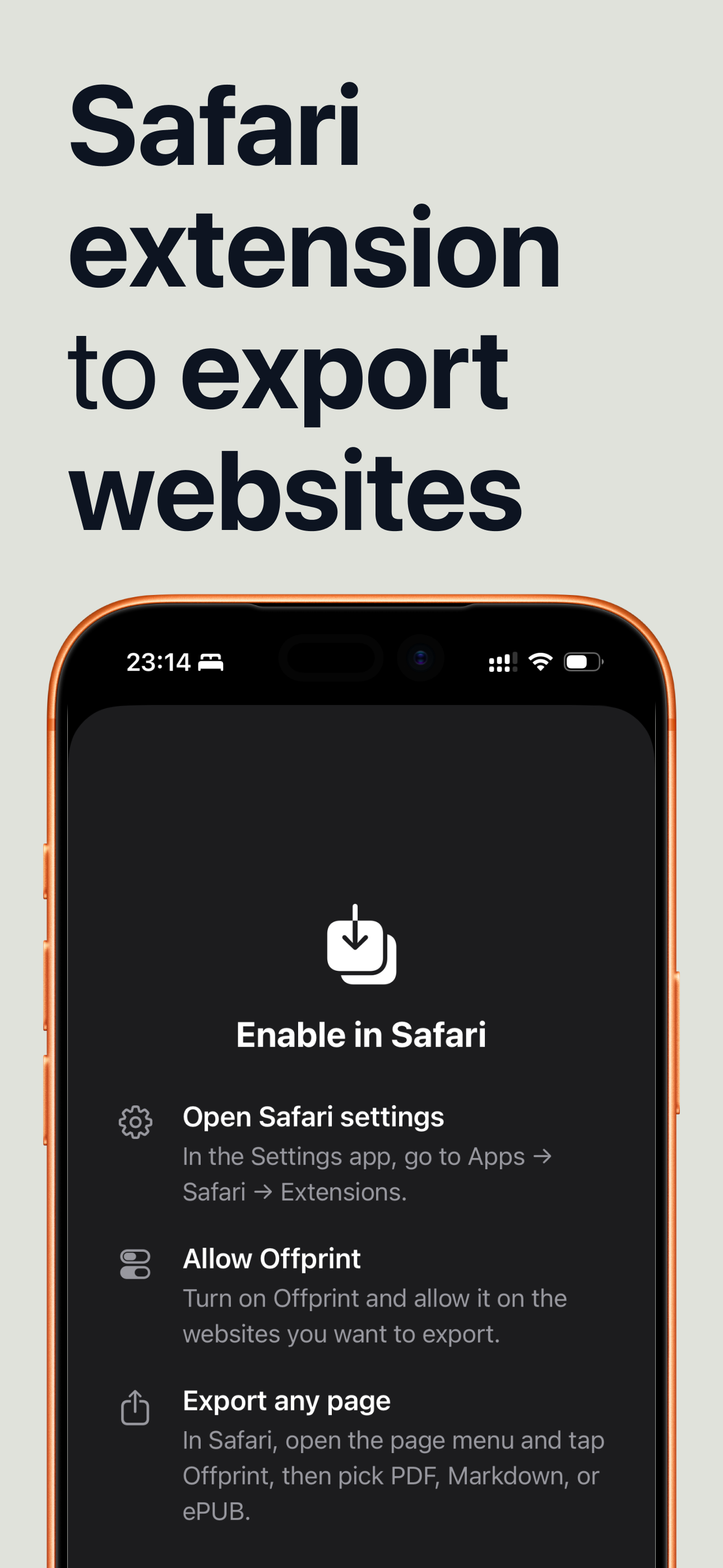 Offprint onboarding showing how to enable the extension in Safari settings