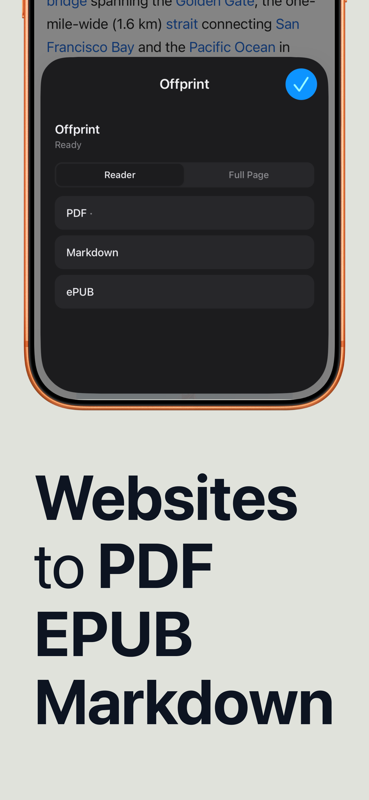 Offprint format picker showing Reader, PDF, Markdown and ePUB options over a Safari page